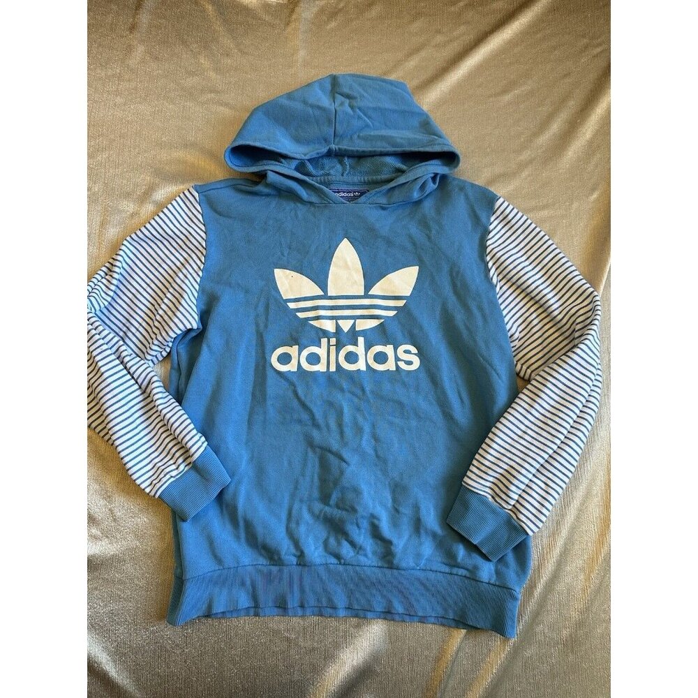 Vintage 90s Adidas Hoodie Womens XL‎ Blue Pullover Stripe Trendy Girly Y2K